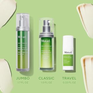 Three sizes of Murad Retinol Youth Renewal Serum: Jumbo (1.7 fl oz), Classic (1.0 fl oz), and Travel (0.33 fl oz) on a green background.