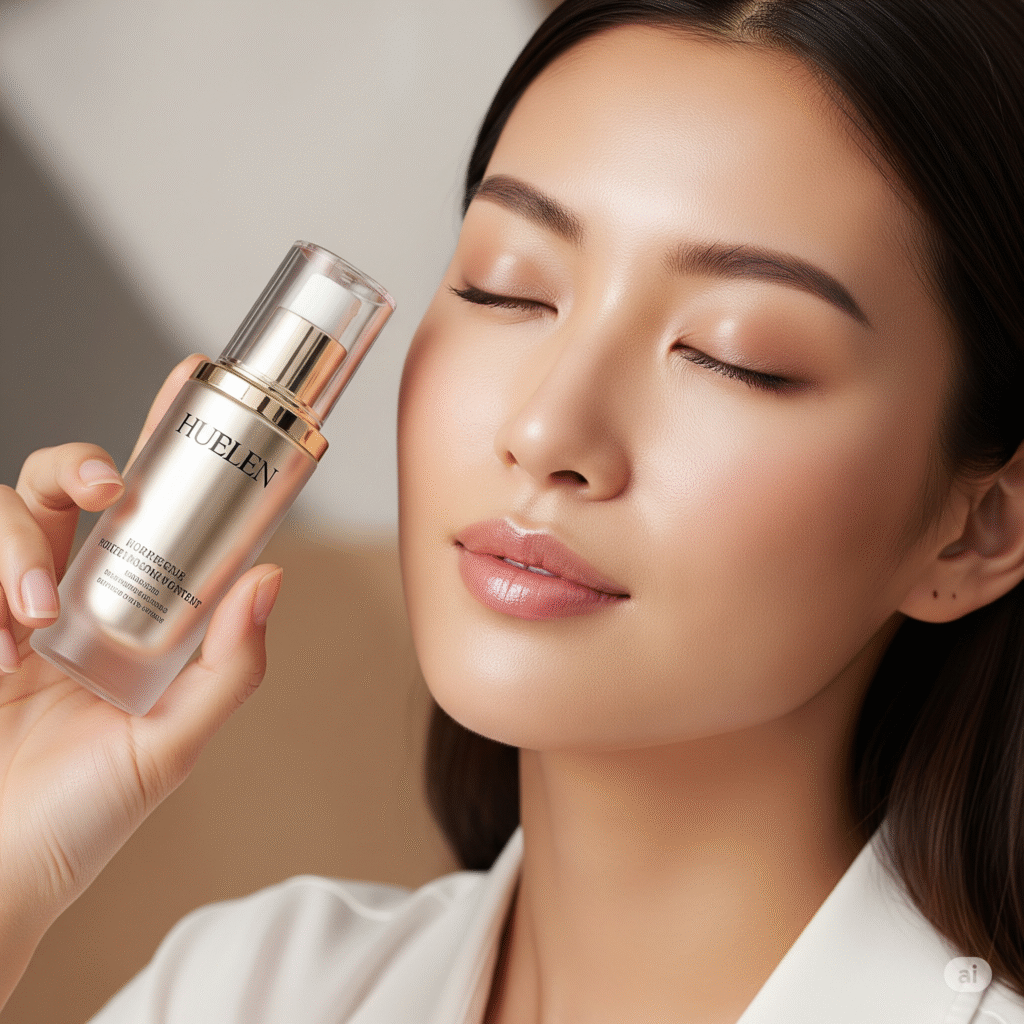 Beautiful model with glowing skin holding a luxurious skincare serum bottle.