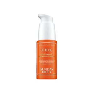 Sunday Riley C.E.O. 15% Vitamin C Brightening Serum in an orange pump bottle, 30ml — skincare product for brightening, firming, and reducing dark spots