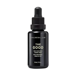 Caldera + Lab The Good men’s organic anti-aging evening face serum bottle – 30ml black dropper bottle with gold label text.