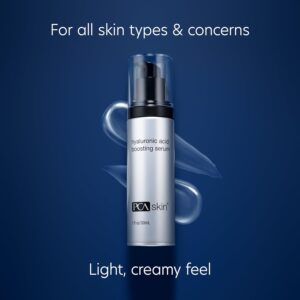 PCA SKIN Hyaluronic Acid Boosting Serum bottle on a dark blue background with creamy-white serum texture swirled around it. Text on the image reads, "For all skin types & concerns" and "Light, creamy feel".