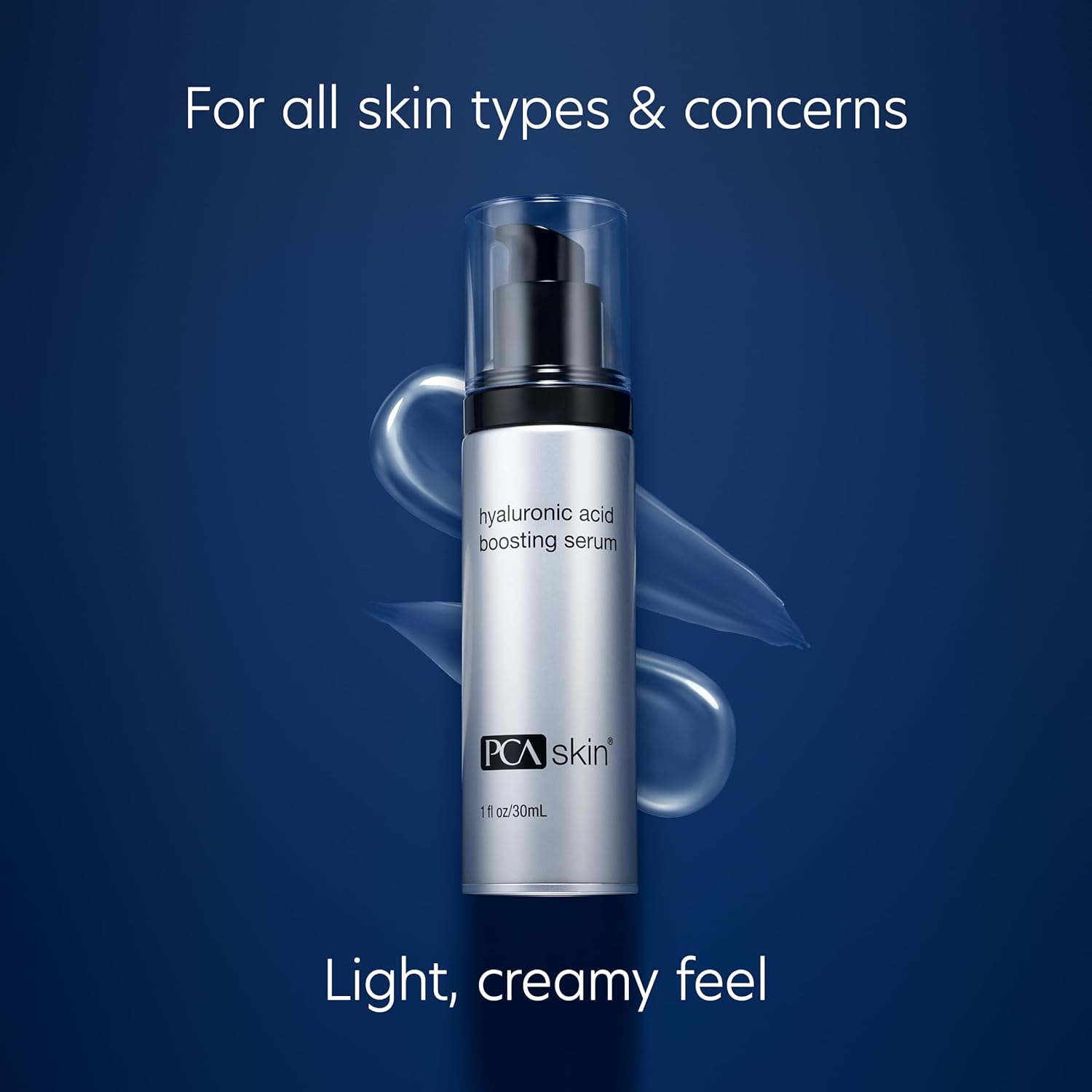 PCA SKIN Hyaluronic Acid Boosting Serum bottle on a dark blue background with creamy-white serum texture swirled around it. Text on the image reads, "For all skin types & concerns" and "Light, creamy feel".